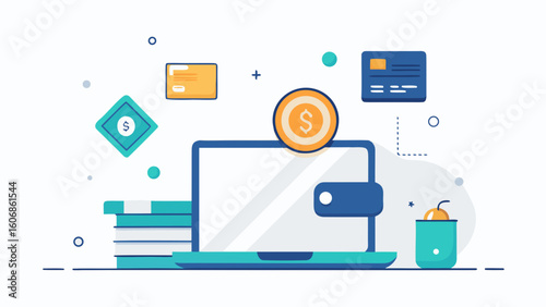 Online financial transaction and digital wallet concept with laptop, cards and currency icons