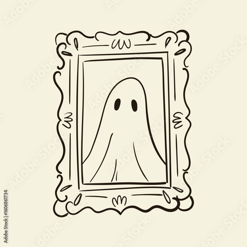 Sketch drawing of antique mirror frame with halloween ghost reflection. Paranormal vintage painting. Hand-drawn vector graphic