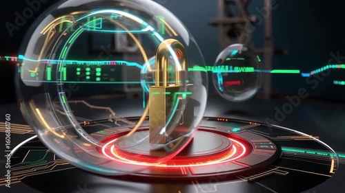A golden padlock secured within a transparent sphere, surrounded by glowing digital circuits and futuristic technology, symbolizing data protection and cybersecurity.