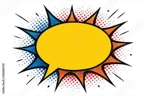 Retro Comic Speech Bubble, Halftone Pop Art Style Blank Dialog Balloon with Color Burst, Ideal for Vintage Comics, Text Overlays, and Graphic Design
