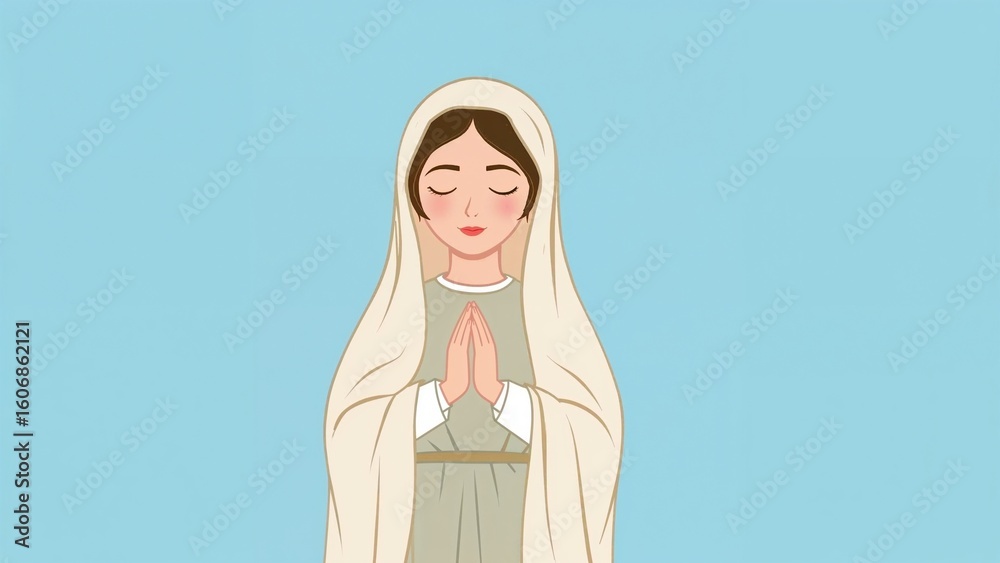 Fototapeta premium Praying adult woman wearing long muted-tone robe and off-white veil against light blue backdrop