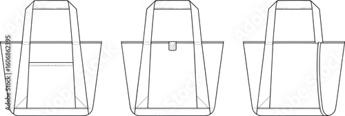 Detailed Technical Flat Sketches of a Boxy Tote Bag with Interior Pockets, Multiple Views, Fashion Design Template for Accessories, Versatile Bag Illustration.