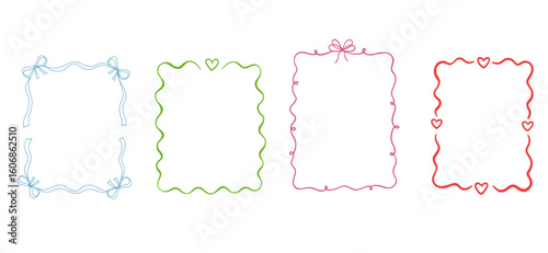 Cute pink ribbon with bow and hand drawn frame for valentine card or wedding party. Decorative whimsical line and round doodle border style.
