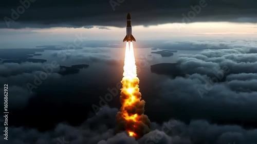 Rocket launch ascending through dark clouds at sunset, fiery trail visible.