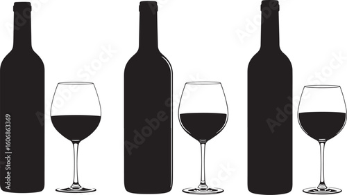 Three wine bottles and glasses silhouette