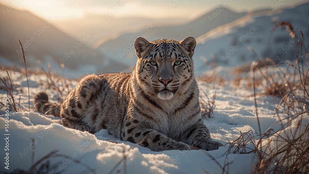 Obraz premium Resting snow leopard basking on snowy slope at dusk, with dry grass tufts and mountain slopes