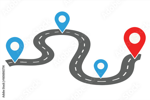 Roadmap Vector Illustration, Curved Path with Location Pins, Business Journey, Strategy Planning Route, Navigation Concept, Travel Direction, Milestone Infographic Design
