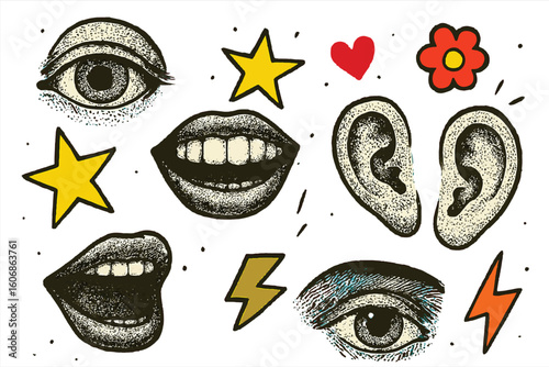 Trendy Halftone Pop Art Illustration Featuring Eyes, Ears, Mouths, and Symbols, Retro Style Visual of Human Senses and Emotions with Bright Colors and Comic-Inspired Design Elements