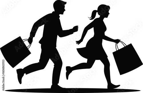 Couple running with shopping bags silhouette
