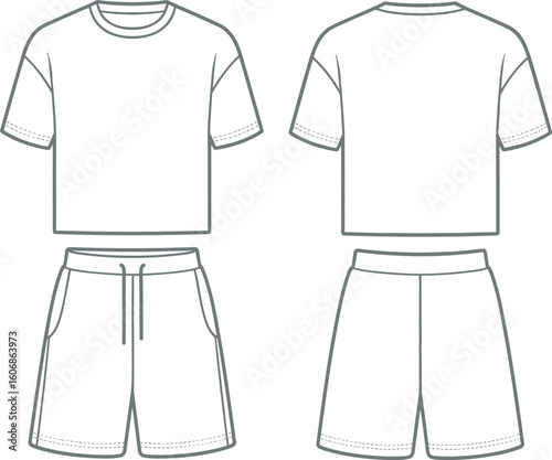 Blank front and back technical flat sketch of t-shirt and shorts set, casual outfit template, vector outline, clothing design, unisex fashion illustration mockup

.