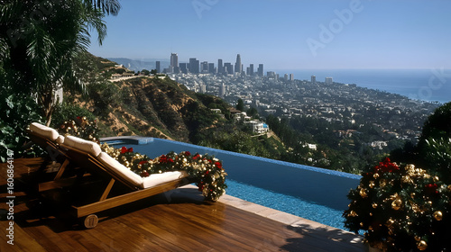A photorealistic scene depicting the Hollywood Hills during Christmas. The landscape is adorned