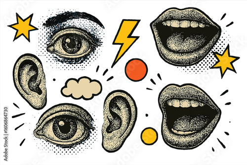 Halftone Retro Pop Art Sensory Organs icon sets, Eyes, Ears & Mouths Engraving Perfect for Communication, Listening, Expression, Education, Speech Therapy, Sensory Wall Art Print, mixed media design