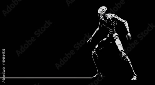 Silhouette of a stylized figure in motion against a stark black background.