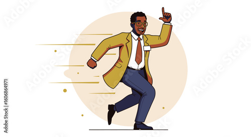 A jubilant Black businessman in a yellow suit runs swiftly, celebrating success with a dynamic pose.