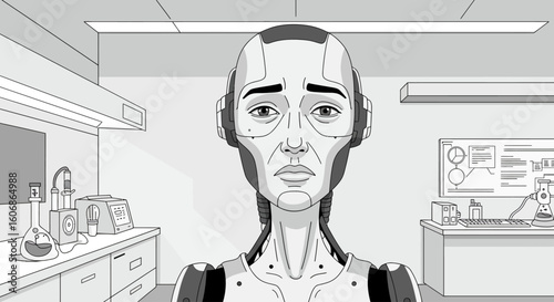 A grayscale illustration of a sad, futuristic robot in a laboratory setting.