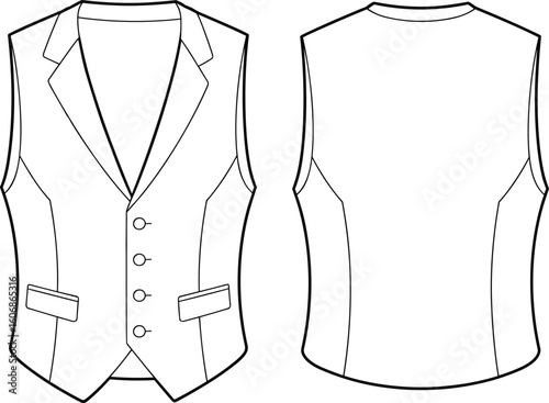 Men's classic waistcoat flat sketch, front and back views, formal vest, suit attire, customizable template, fashion design, sophisticated menswear, elegant layering, professional.