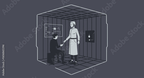 Two figures in a minimalist, gray cube-shaped room, one seated, the other standing, exchange a handshake.