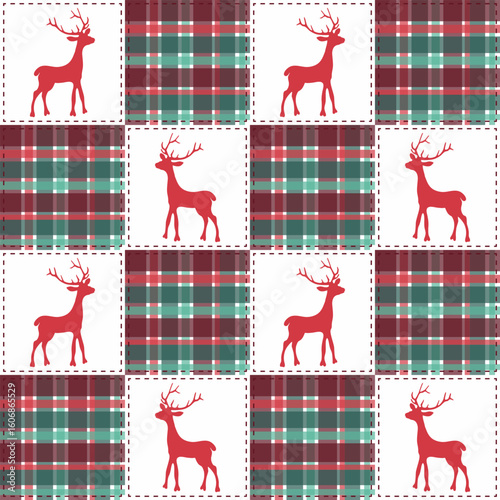 Christmas Reindeer Patchwork Buffalo Plaid Quilt Seamless Pattern