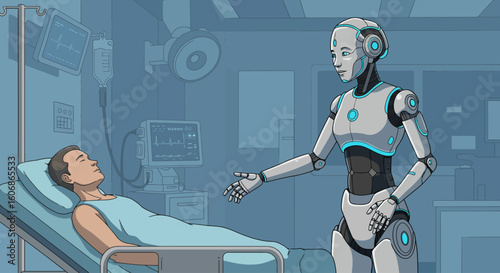 A futuristic robot assistant tending to a patient in a hospital room.