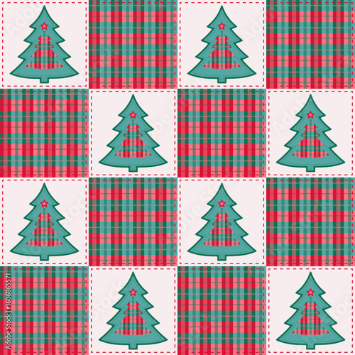 Christmas Fir Tree Patchwork Buffalo Plaid Quilt Seamless Pattern