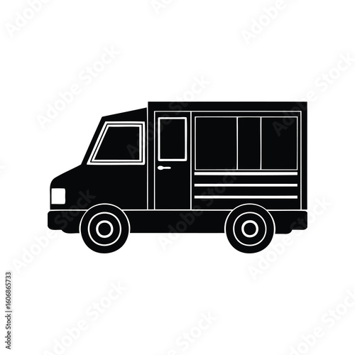 Stylized black food truck or utility vehicle side view illustration