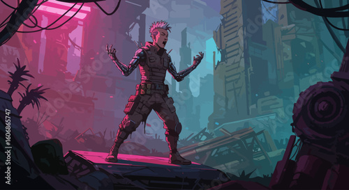 A defiant cyberpunk warrior stands amidst neon-lit ruins, arms raised in a powerful pose.