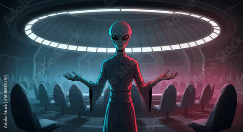 Grey alien addresses a large audience in a futuristic, dimly lit chamber.