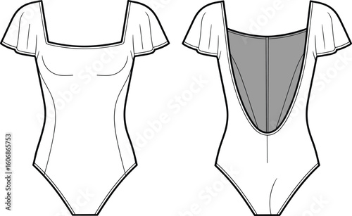 Women's square neck swimsuit flat sketch, front and deep U-back, flutter sleeves, one-piece swimwear, customizable template, fashion design, beachwear, summer apparel.