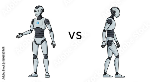 Two cartoon robots, one gesturing, the other walking, set against a white background, with a "VS" in between.