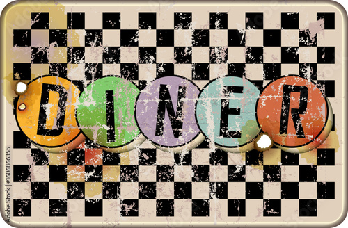 grungy old retro american diner sign, fast food vintage concept, worn and weathered, vector eps illustration