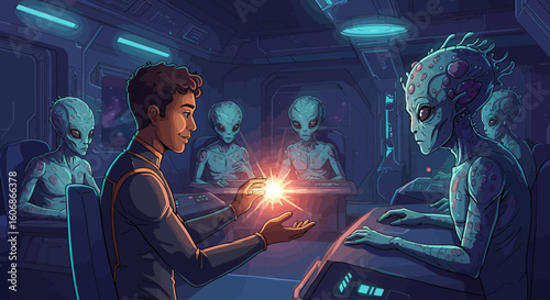 A human interacts with aliens on a spaceship, holding a glowing object in his hand, surrounded by the extraterrestrial beings.
