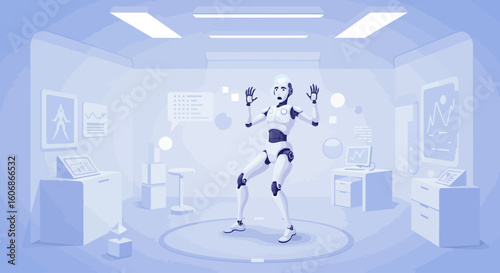 A white robot stands in a futuristic room with glowing orbs, surrounded by computer workstations and diagrams.
