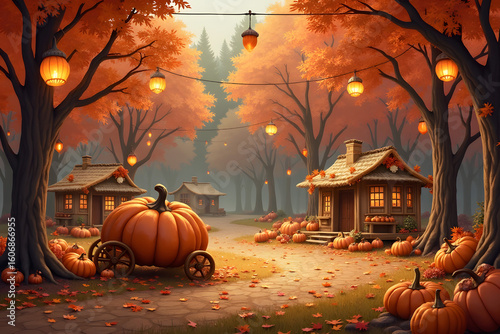 Autumn village scene, cozy mood, decorated with pumpkins, illuminated cottages among orange leaves with copy space
