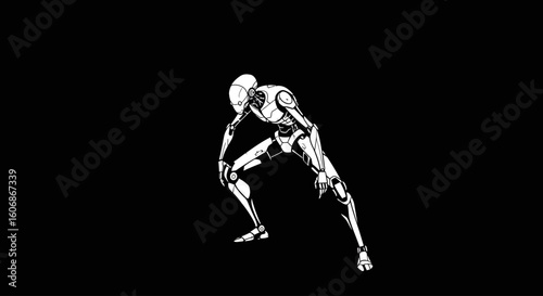 A stylized, white robot figure crouches low against a stark black background, its form angular and articulated.