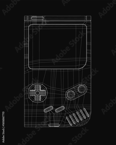 Black and white blueprint of a video game console with detailed wireframe components including joystick, buttons, and internal layout. The technical illustration highlights the classic gaming console.