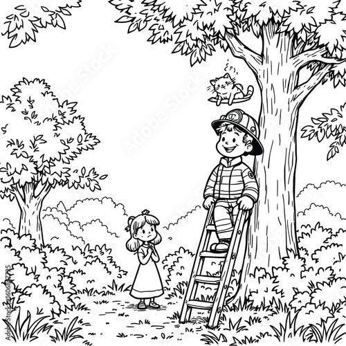 Coloring page of firefighter rescuing cat from tree with girl watching black and white line art silhouette