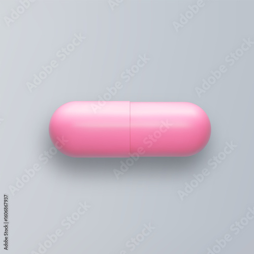3d pill pink tablet isolated on gray background. Realistic vector medicament illustration