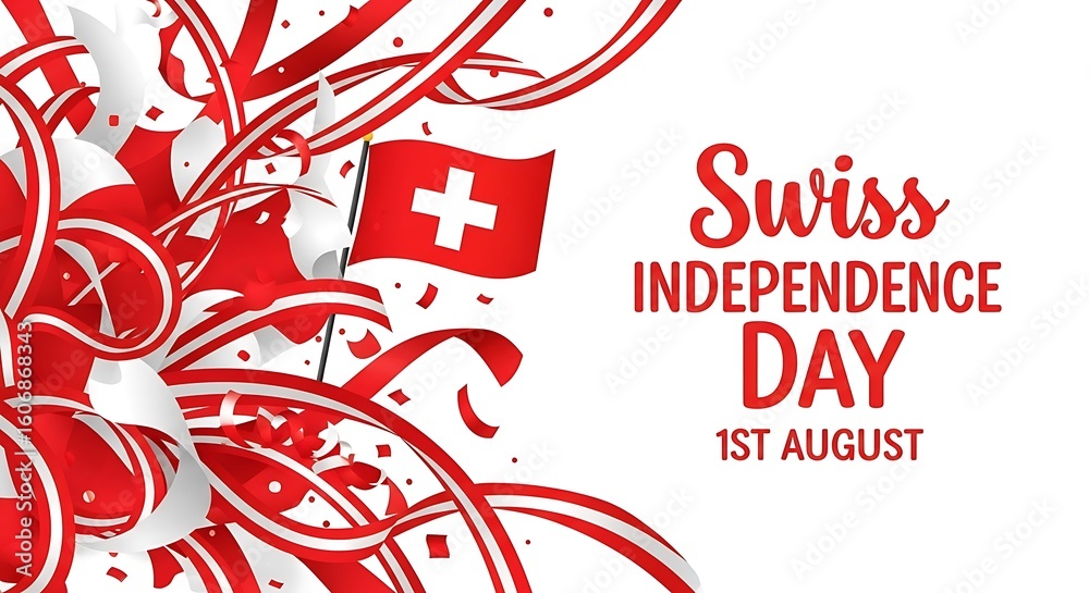 Fototapeta premium Swiss Independence Day Celebration with Flag, Ribbons, and Confetti on White Background