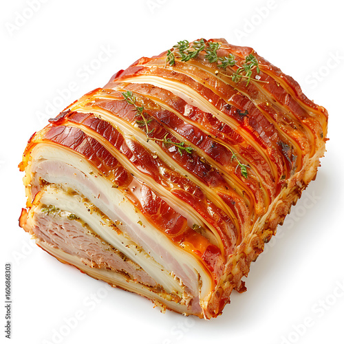 Fototapeta Naklejka Na Ścianę i Meble -  Sliced Meatloaf with Bacon and Cheese, Garnished with Herbs