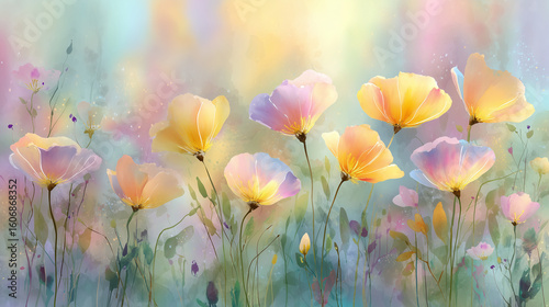 Soft pastel flowers bloom in dreamy spring garden with delicate petals glowing in warm light, creating peaceful and enchanting watercolor background scene
