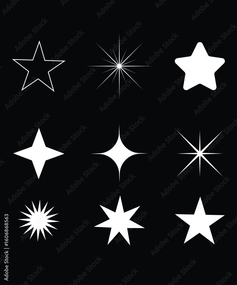 Black and white star icon set with decorative and colorful elements Black and white star icon set with decorative and colorful elements