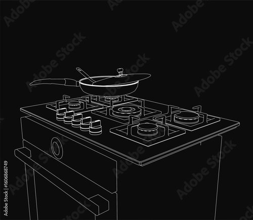 Black and white contour drawing of a kitchen gas stove with a pan on top, set against a dark background. The minimalist design highlights clean lines and simplicity.