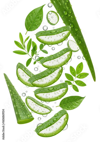 Vibrant green aloe vera slices with translucent gel, sparkling water droplets, and lush leaves suspended mid-air on a pristine transparent background with copy space, high-key studio lighting. Concept