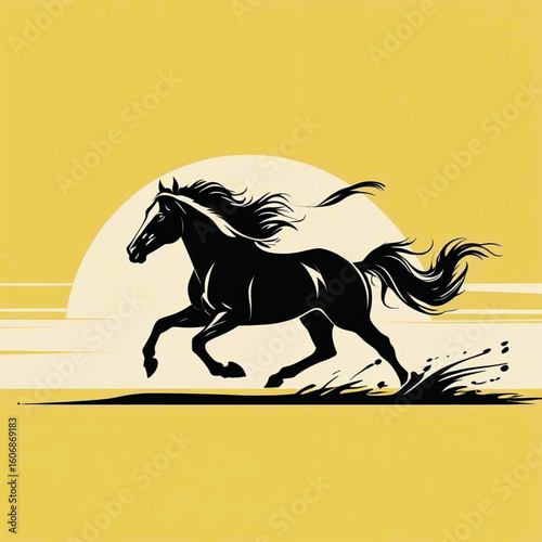 Dynamic Equine Silhouette: A sleek black horse gallops across a stylized, sun-drenched landscape, its silhouette a testament to speed and freedom. A bold artistic representation.