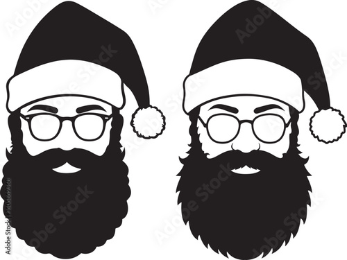 Two santa claus heads with glasses and beards silhouette