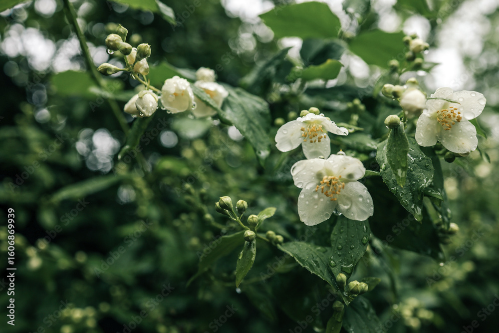 Obraz premium White jasmine flowers and buds covered in raindrops, captured in a lush garden setting. The delicate petals and fresh greenery evoke a sense of calm and natural beauty