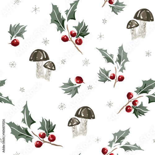Christmas seamless pattern, mushrooms, holly twigs with red berries, snowflakes, white background. Vector illustration. Nature design. Season greeting. Winter holidays