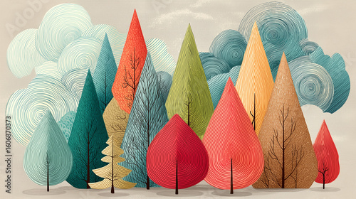 Stylized illustration of colorful abstract trees with swirling patterns and textured clouds creating whimsical and artistic forest scene with vibrant hues and intricate details