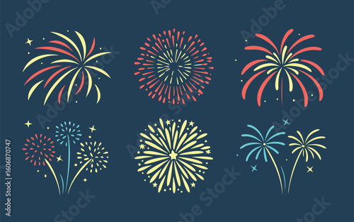 Collection of vibrant firework burst illustrations. Festive pyrotechnic explosions for holidays and events. Vector set.