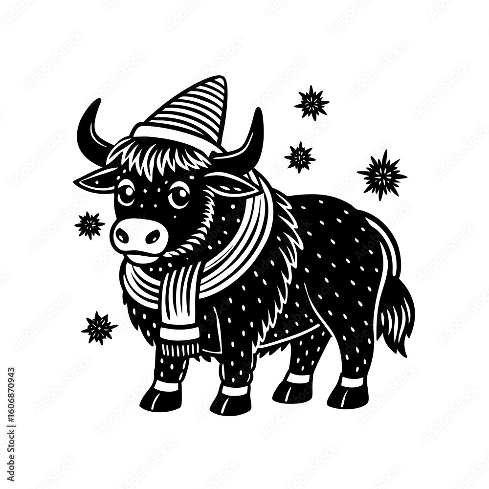 Fototapeta premium A cartoon yak wearing a striped hat and scarf stands amid falling snowflakes, depicted in a black and white illustration.